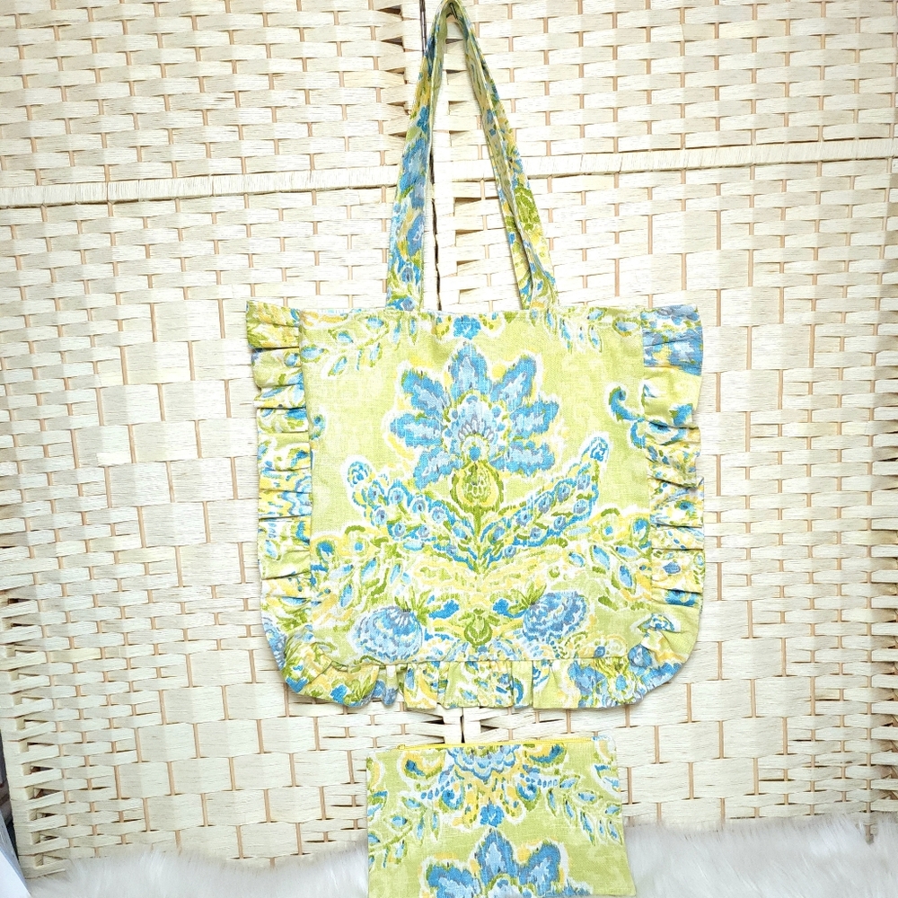 Handmade Linen Blend Ruffle Tote Bag Fully Lined With Zipper Pouch